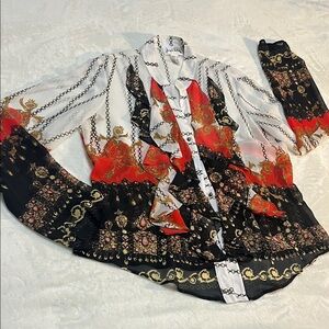 Joseph Ribkoff Silky Chain & Baroque Print Blouse in White, Black & Red